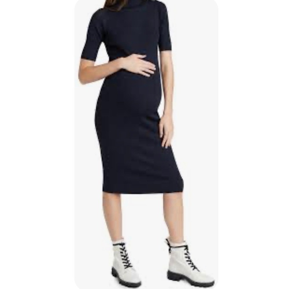 Hatch Navy Chic Mock Neck Merino Wool Ribbed Midi Dress Maternity Size‎ 0 EUC